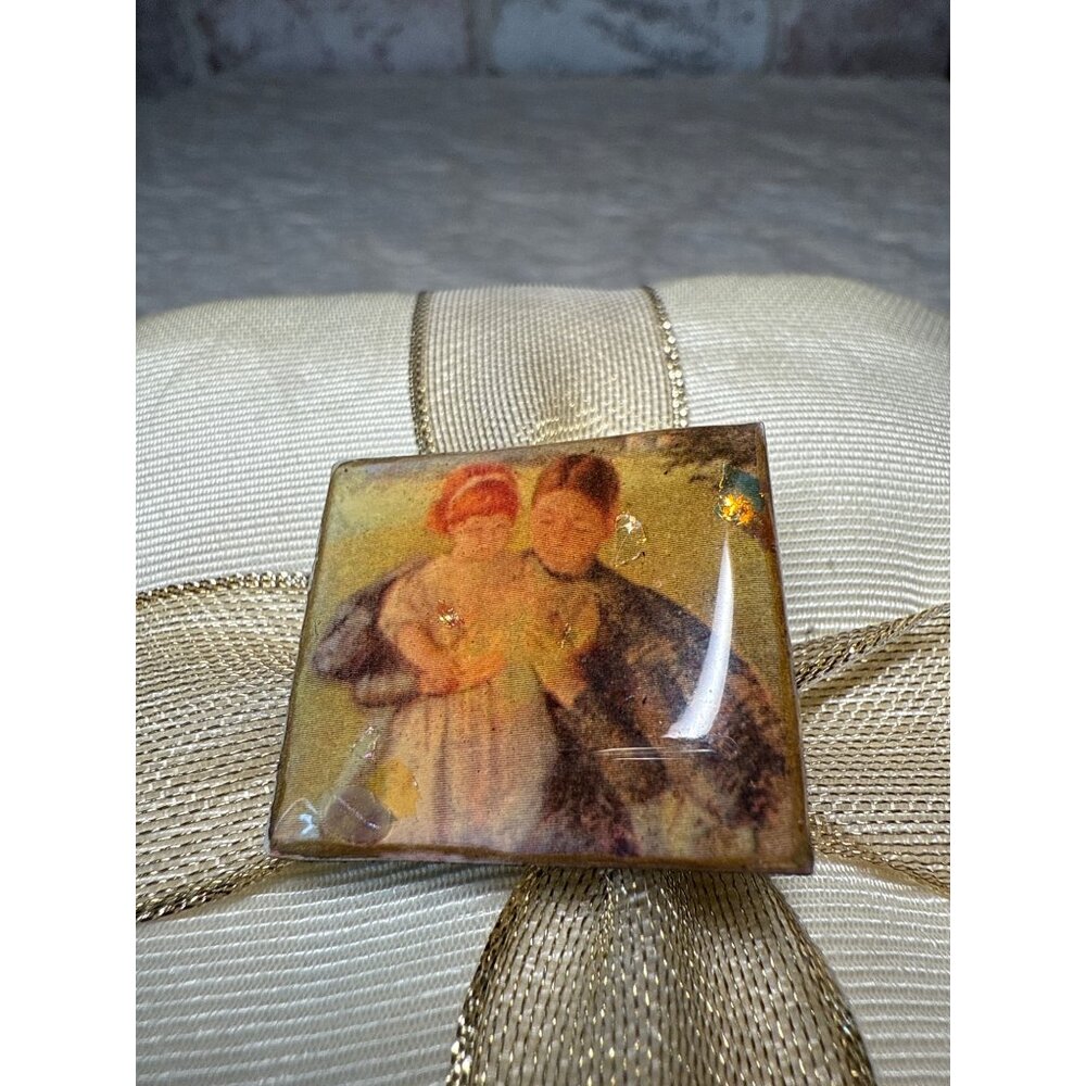 Vintage Square Brooch Victorian Mom & Child Illustration & Secure Pin Back